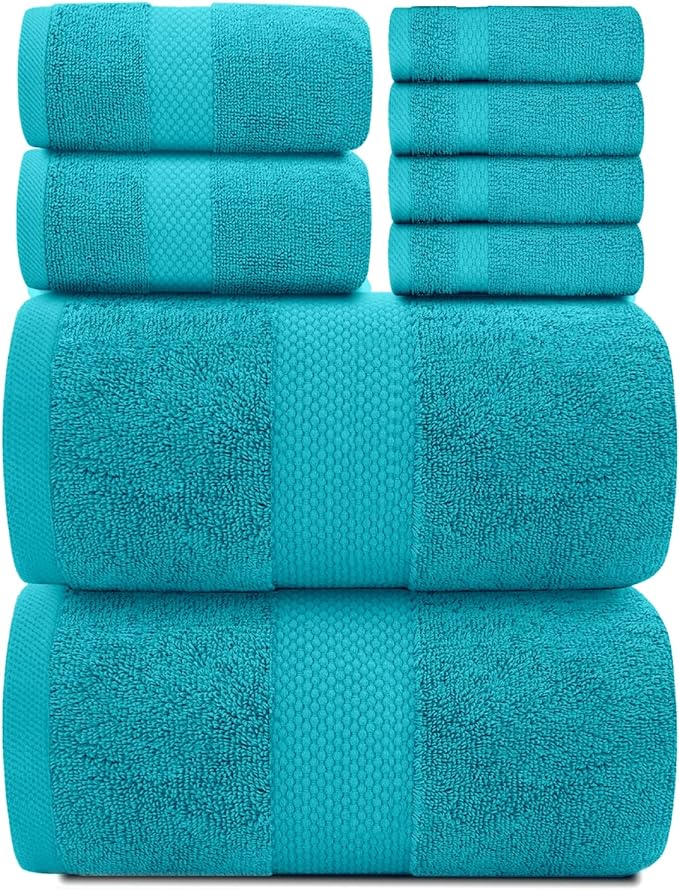 White Classic Luxury Bath Towel Set of 8 Pieces - 100% Turkish Cotton Highly Absorbent Towels for Bathroom, 2 Luxury Bath Towels 700GSM, 2 Hand Towels, 4 Washcloths, Aqua