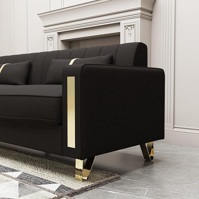 Couch 85.62" 3 Seats Sectional Velvet Fabric Sofa Easy Assemble Sofa Bed with 2 Couch Pillows,Gold Metal Legs for Living Room (P17, Black（3+1+1）)