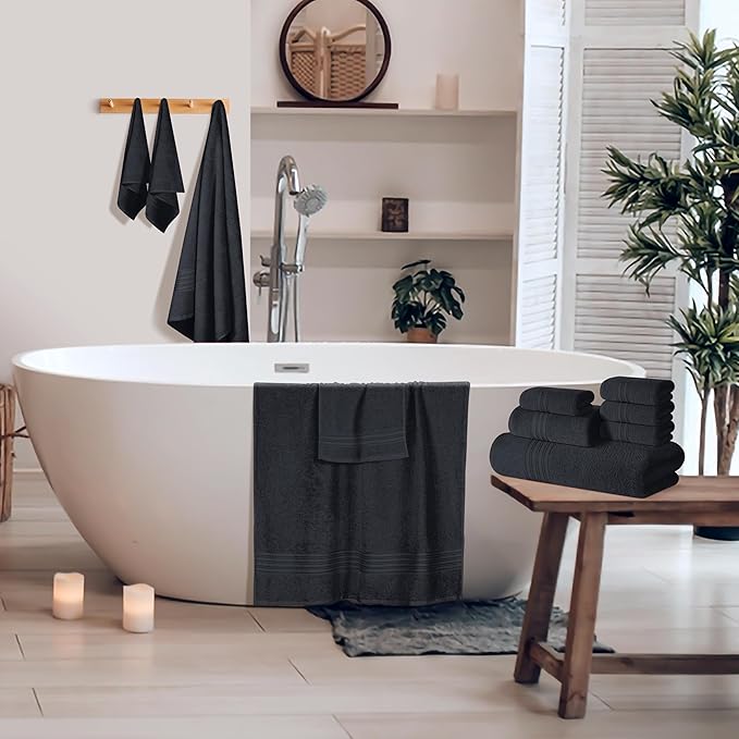 BOUTIQUO 100% Cotton Towel Set, Contains 4 Soft Bath Towel, 6 Hand Towels, 8 Wash Cloths - Compact Absorbent Lightweight & Quickdry Towels for Bathroom - 18 Piece Bathroom Towel Set - Charcoal Grey