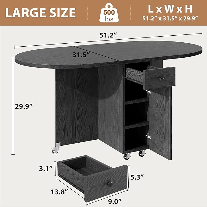 Folding Dining Table for 4 Kitchen Dining Room DinnerTable with Storage Drawer Space Saving Oval Foldable Drop Leaf Gateleg Furniture for Small Space (Black, 51 * 31.5 * 30)