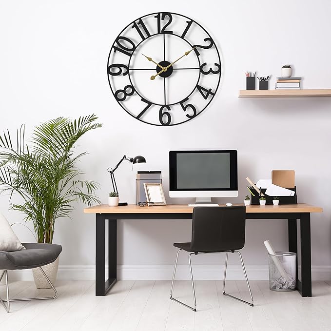 Sorbus 24-Inch Large Wall Clock – Decorative Black Metal Clock with Gold Hands – Silent, Battery Operated, Modern Wall Decor for Living Room, Kitchen, or Office – Great Gift for Housewarming or Office