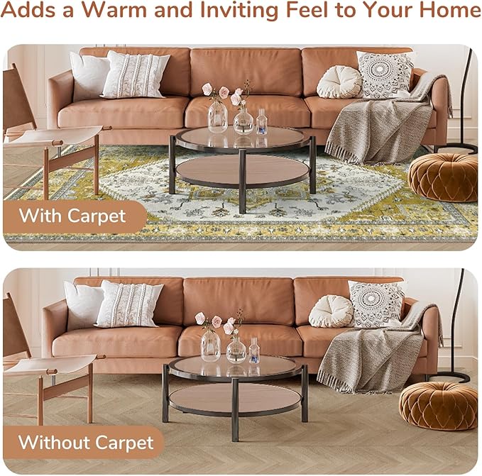 OPPODREAM Thin Area Rugs 4x6, Low-Pile Washable Rugs 4x6 with Non Slip Backing, Faux Cashmere 4 x 6 Throw Carpet, Yellow