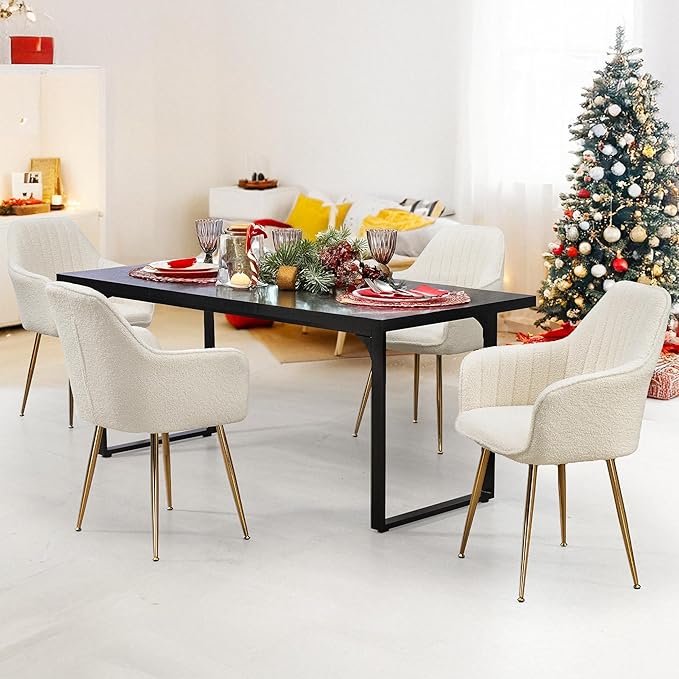 ECOTOUGE Teddy Velvet Dining Chairs Set of 4, Modern Arm Chair with Golden Metal Legs, Fluffy Boucle Sherpa Accent Chairs for Kitchen, Cream White