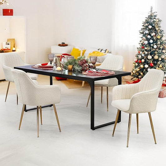 ECOTOUGE Teddy Velvet Dining Chairs Set of 4, Modern Arm Chair with Golden Metal Legs, Fluffy Boucle Sherpa Accent Chairs for Kitchen, Cream White