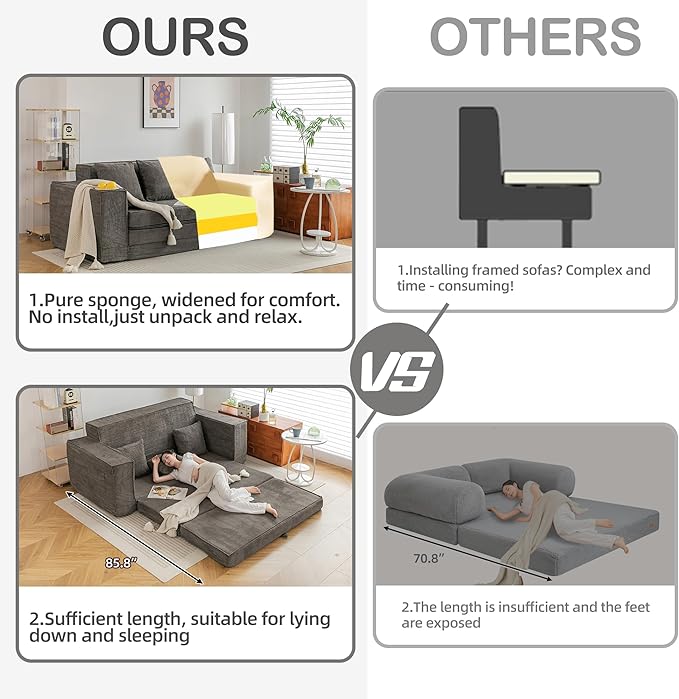 HOMREST Convertible Memory Foam 3-seat Sofa & Loveseat, Pull Out Sleeper Sofa Bed, 2 in 1 Folding Couch Bed, Fold Out Floor Couch Corduroy Fabric with Pillows for Living Room Bedroom Lounge(Grey)