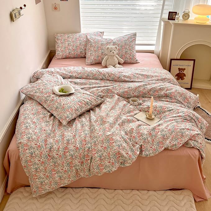 EAVD Boho Floral Comforter Set Twin XL Girls Soft Microfier Chic Shabby Pink Floral Bedding Set with 2 Pillowcases French Style Garden Botanical Comforter for All-Season