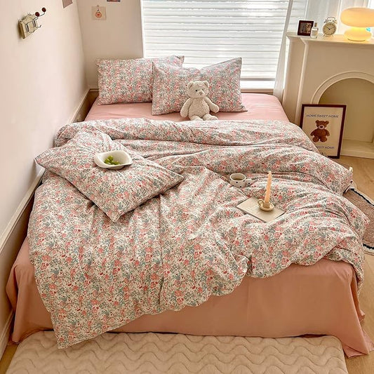 EAVD Botanical Floral Comforter Set King Soft Microfiber Chic Shabby Pink Floral Bedding Comforter Set with 2 Pillowcases French Style Botanical Comforter Set for All-Season