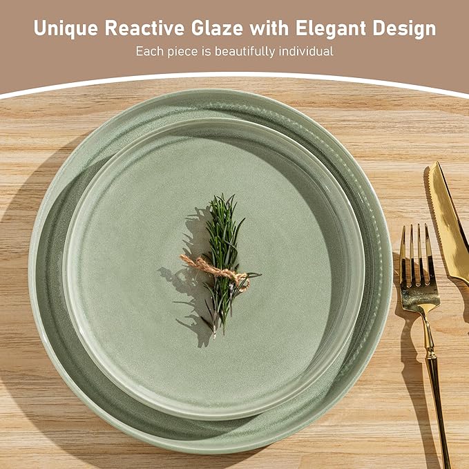 GBHOME Stoneware Dinnerware Sets for 4,Round Reactive Glaze Ceramic Plates and Bowls Set,Highly Scratch Resistant| Dishwasher & Microwave Safe Dishes Set,Service for 4(12Pcs)，Light Green