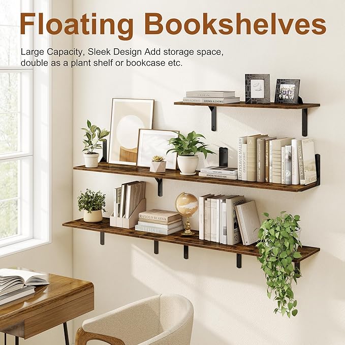 30" W x 12" D Floating Shelves for Wall, Deep Wall Shelves with Visible Bracket for Books, Plant, Large Deep Bathroom Shelf for Storage & Display, Rustic Brown, Set of 2