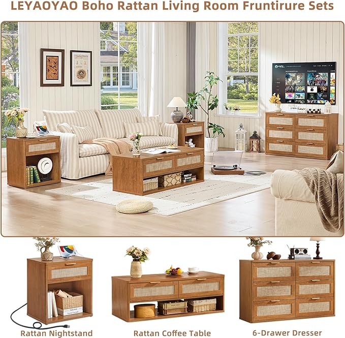 LEYAOYAO Boho Rattan Coffee Table and End Table Sets, 48" Wide Center Tables & 23" Night Stand with Charging Station Chest of Drawers, Brown Wood Coffee Table for Living Room 3 Piece Set