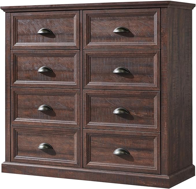 Farmhouse 8 Drawer Dresser for Bedroom, 39" Tall Dressers & Chests of Drawers, 42" Wide Dressers Organizer Storage, Wood Rustic Bedroom Dresser for Closet, Living Room, Hallway, Brown