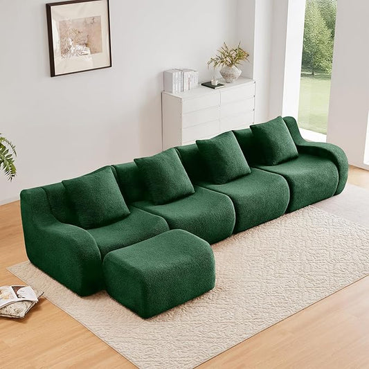Green L-Shaped Cloud Couch with 1 Ottoman, Modern Teddy Fabric Boneless Sectional Sofa in a Box, Modular Floor Sofa for Living Room, Deep Seat, No Assembly Required, Sofas para Sala