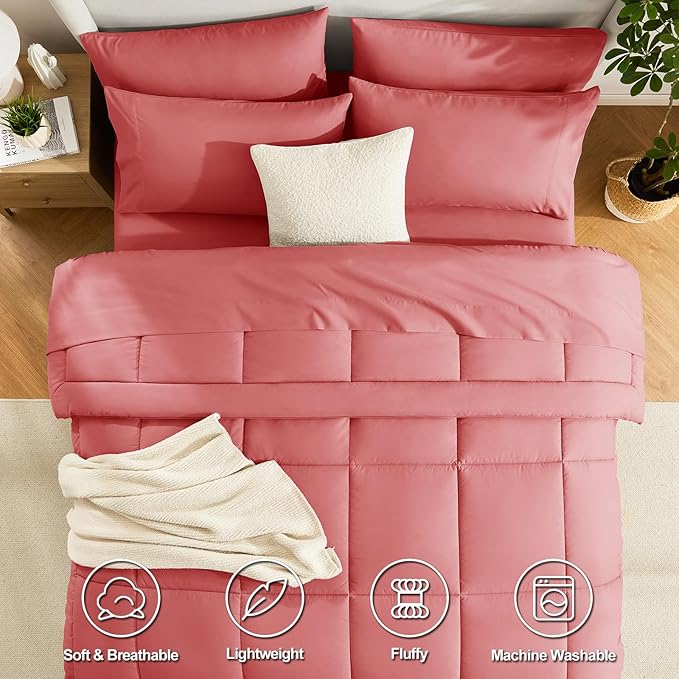 CozyLux Queen Comforter Set Coral, 7 Pieces Bed in a Bag, Coral Comforter Queen Size, All Season Bedding Sets with Stitch Quilted Comforter, Flat Sheet, Fitted Sheet, Pillowcases