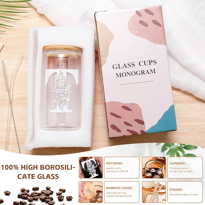 DWTS DANWEITESI Birthday Gifts for Women: Initial Glass Cup as Office Graduation Memorial Holiday Personalized Gifts - for Husband Aunt Uncle Teen Boy Employee Coworkers Him and Her - T Aesthetic Cup