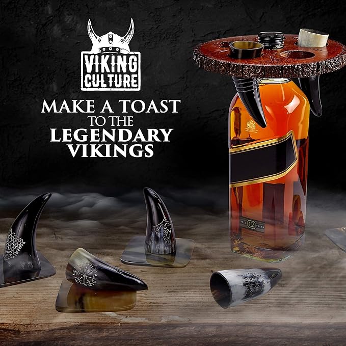 Viking Culture Viking Horn Drinking Cup Shot Glasses with Vintage Axe Bottle Opener, Coasters, and Rustic Wood Display Stand, Toasting Vessels for Party, Event, Bachelors