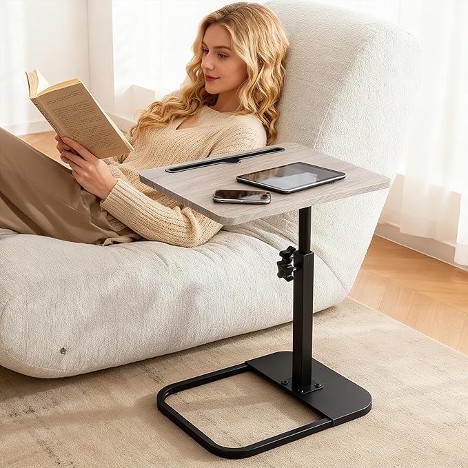 jessie Tv Tray Table, Adjustable Tray Table for Couch 360° Swivel C Shaped End Table with Phone Tablet Slot for Living Room, Sofa, Bedside, Bathroom (Gray)