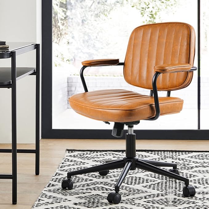 Artswish Mid Century Office Chair - Leather Desk Chair with Wheels, Arms, Swivel & Height Adjustable Ergonomic Computer Chair for Home Office, Brown
