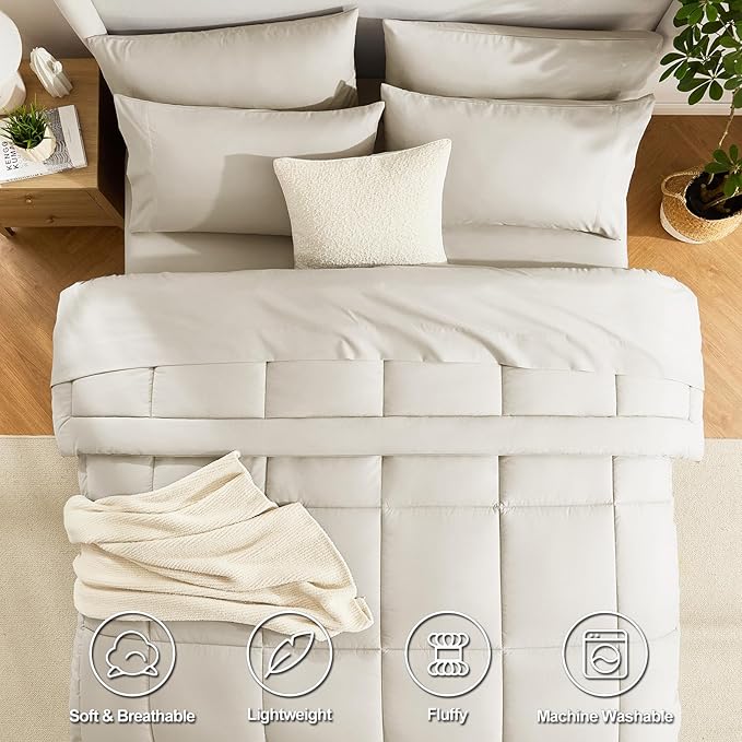 CozyLux King Size Comforter Set Oatmeal, 7 Pieces Bed in a Bag, Oatmeal Comforter King Size, All Season Bedding Sets with Stitch Quilted Comforter, Flat Sheet, Fitted Sheet, Pillowcases