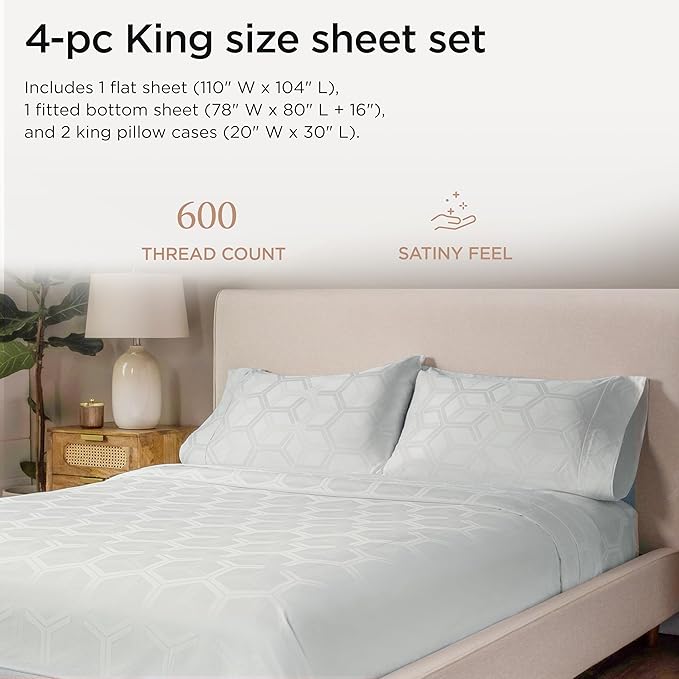 Threadmill 100% Cotton Sheets for King Size Bed - 600 Thread Count King Bed Sheets Set with 16” Deep Pocket - Jacquard Sateen Weave 4-Piece Bedding Set with Cooling Effect, Light Grey