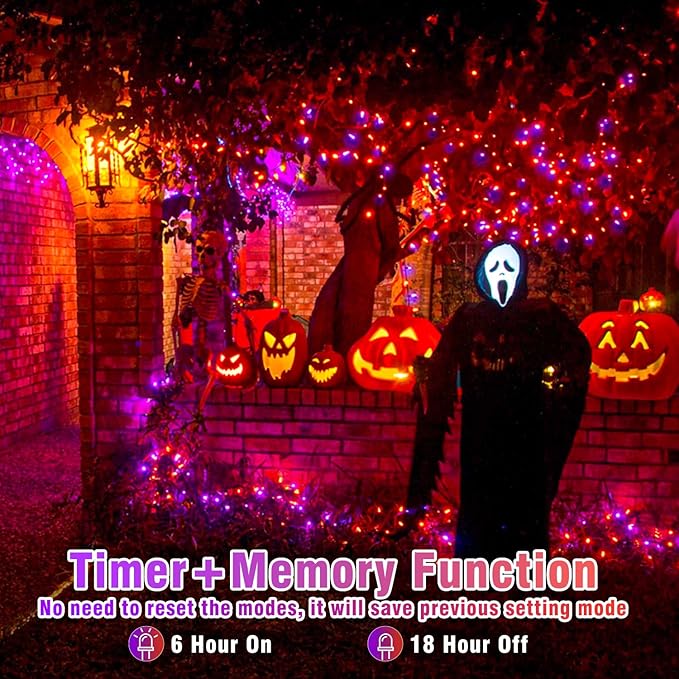 200 LED Christmas Lights Outdoor, 66ft Christmas String Lights Indoor Clear Wire 8 Modes Waterproof Plug in Twinkle Fairy Light for Tree Party Garden Decorations, Purple&Orange