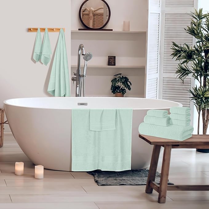 BOUTIQUO 100% Cotton Towel Set, Contains 4 Soft Bath Towel, 6 Hand Towels, 8 Wash Cloths - Compact Absorbent Lightweight & Quickdry Towels for Bathroom - 18 Piece Bathroom Towel Set - Sea Green