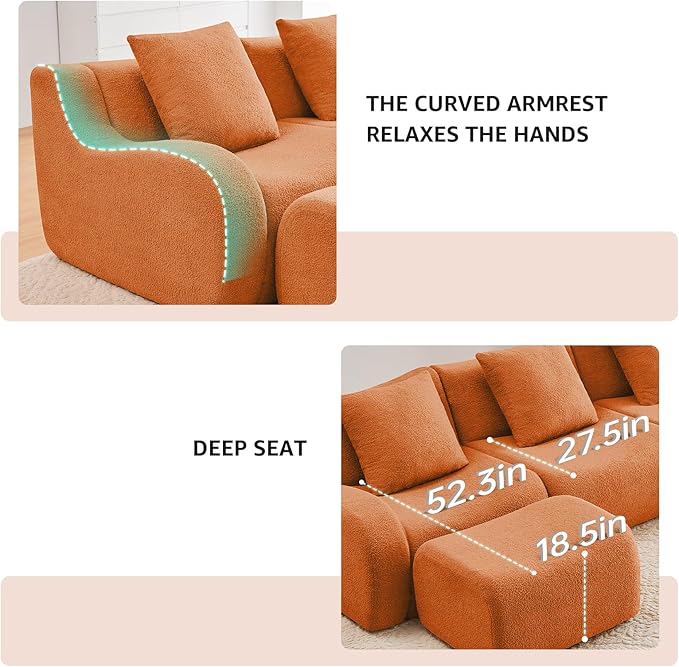 Orange Modular Cloud Couch Loveseat with 2 Ottomans, Modern Teddy Fabric Boneless Sectional Sofa in a Box for Living Room, Deep Seat Floor Couch, No Assembly Required, Sofas para Sala