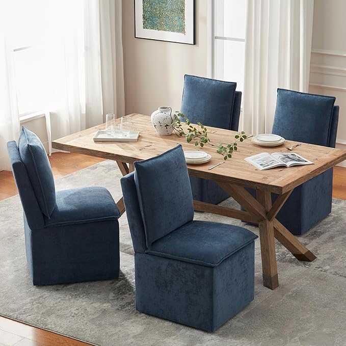 VKNOW Upholstered Dining Chairs Set of 4, Modern Rolling Chairs with Storage and Wheels, Linen Armless Chair with Cushion and Backrest, Dining Room Chairs for Living Room Kitchen Bedroom, Nav