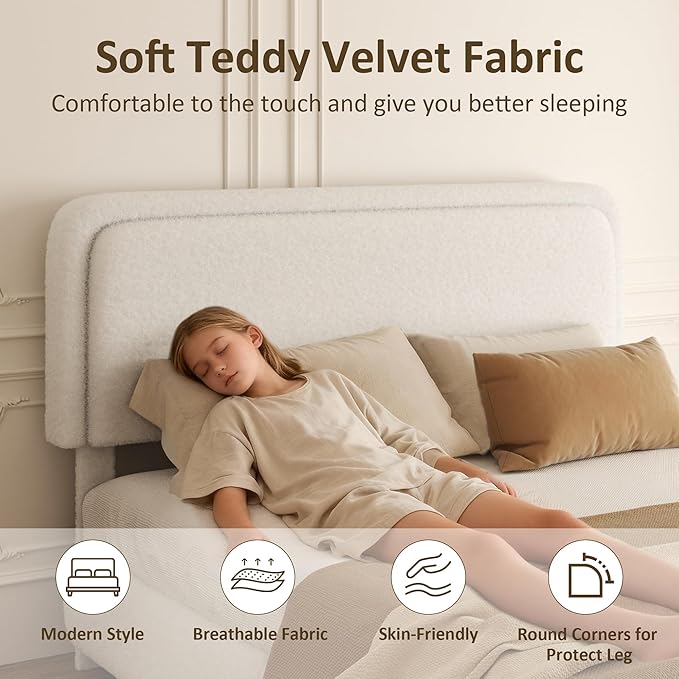 King Bed Frame, Teddy Velvet Boucle Bed Frame with 43.3"/45.3" Adjustable Upholstered Headboard, Rounded Corners, Mattress Foundation, No Box Spring Required, White