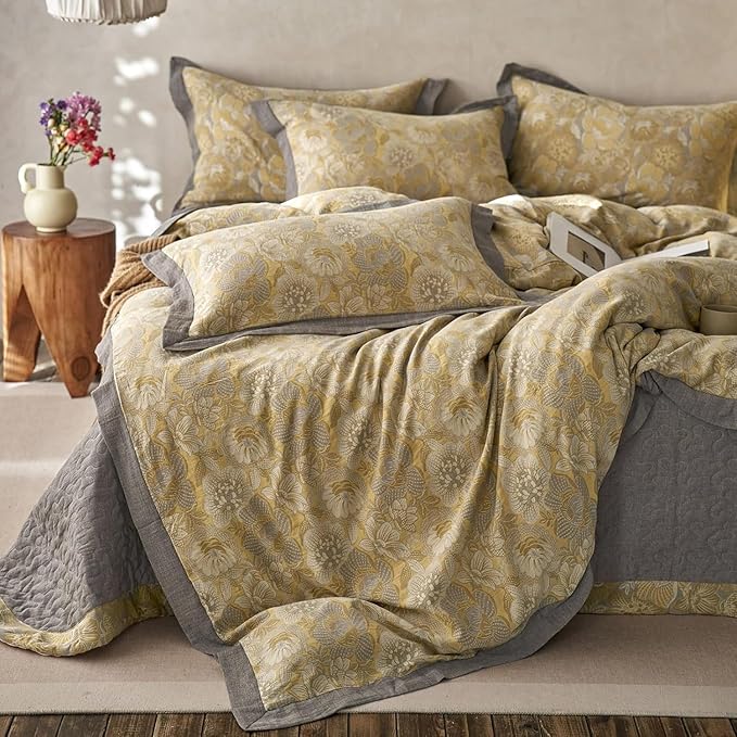 LifeTB Golden Floral Jacquard Duvet Cover Queen 3 Pieces Cotton Yarn-Dyed Textured Duvet Cover Vintage Flower Comforter Cover with Edge Design Boho Floral Bedding Duvet Cover with 2 Pillowcases