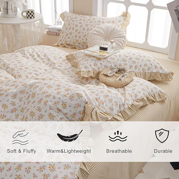 EAVD French Garden Style Ruffled Floral Comforter Set Queen Fluffy Soft Microfiber Chic Shabby Pink Yellow Floral Bedding Set with 2 Pillowcases Fresh Botanical Comforter Set for All-Season