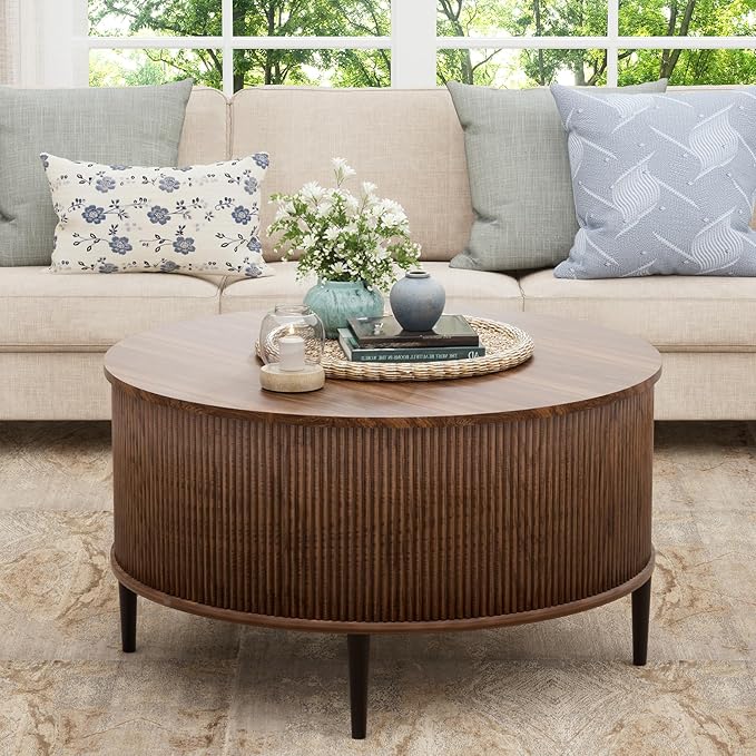 Yechen 31.5" Round Coffee Table with Storage,Fluted Lift Top Center Table, Midcentury Modern Flip-top Curved Table for Living Room,Walnut