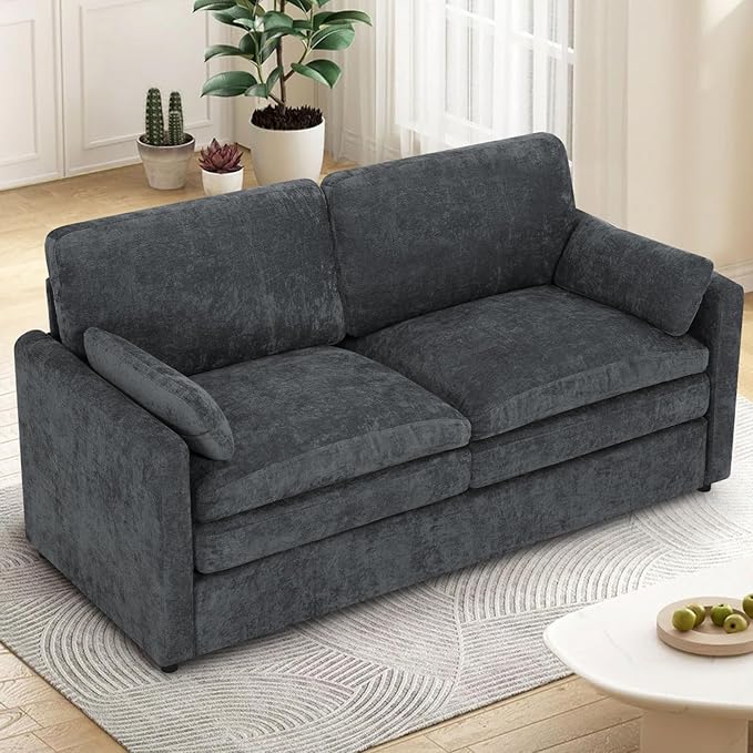 69” Chenille Loveseat Sofa w/Arm Pillows, Upholstered 2-Seater Sofa w/Comfortable Back Cushions, Modern 2 Seats Couch w/High-Density Foam for Living Room, Apartment, Office, Grey