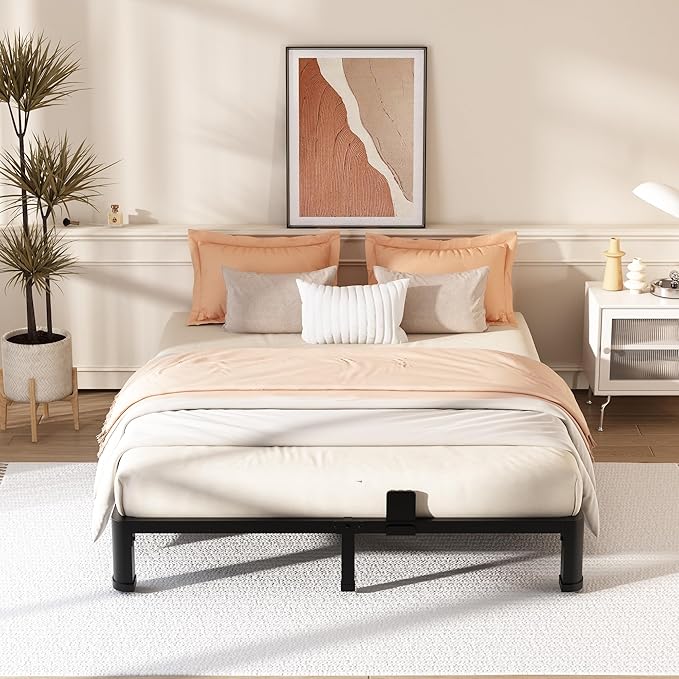 FUIOBYVV 6 Inch Full Bed Frame with Rounded Corner and Headboard Hole Mattress Retainers 3500 LBS Metal Heavy Duty Steel Slats Support No Box Spring Needed Platform Noise Free Easy Assembly