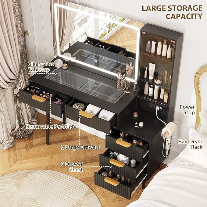 Makeup Vanity Desk with Mirror and Lights, 48" Fluted Makeup Table with Glass Top, Vanity Desk with 5 Drawers, Open Shelf & Power Outlet, Modern Dressing Table for Bedroom Living Room