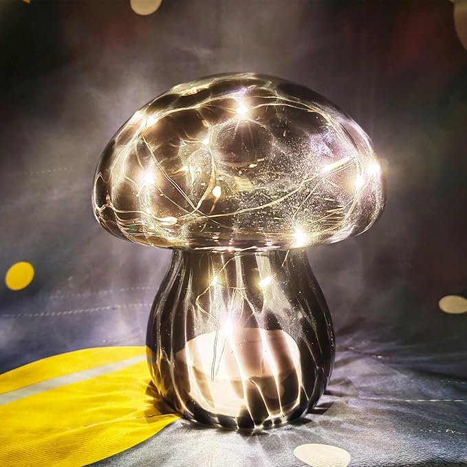 Mushroom Table Lamps Night Lights Cute Glass Nightstand Bedside Desk Lamps for Bedroom Living Study(Bulb Included) - Black