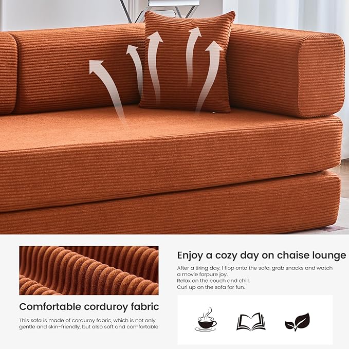 Folding Sofa Bed Convertable Corduroy Couch King Size Floor Sleeper 4-in-1 DIY Combination Modular Sofa Fold Out Futon Lounge Comfy Foldable Lazy cama for Living Room (Orange, 70.86")