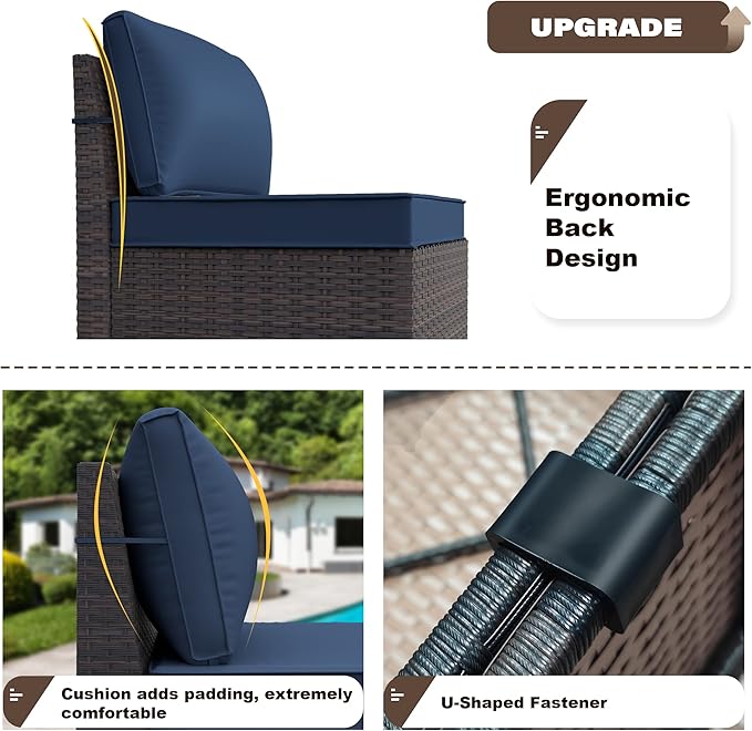 Kurapika 6 Pieces Patio Furniture Set, Rattan Outdoor Conversation Sets w/4 Inch Cushion and Glass Coffee Table(Navy Blue)