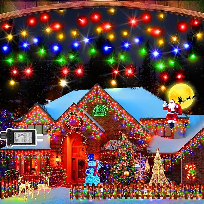 Hezbjiti 400LED Christmas Icicle Lights - 33FT Dark Green Wire with 8 Modes & 75 Drops for Outdoor Decor
