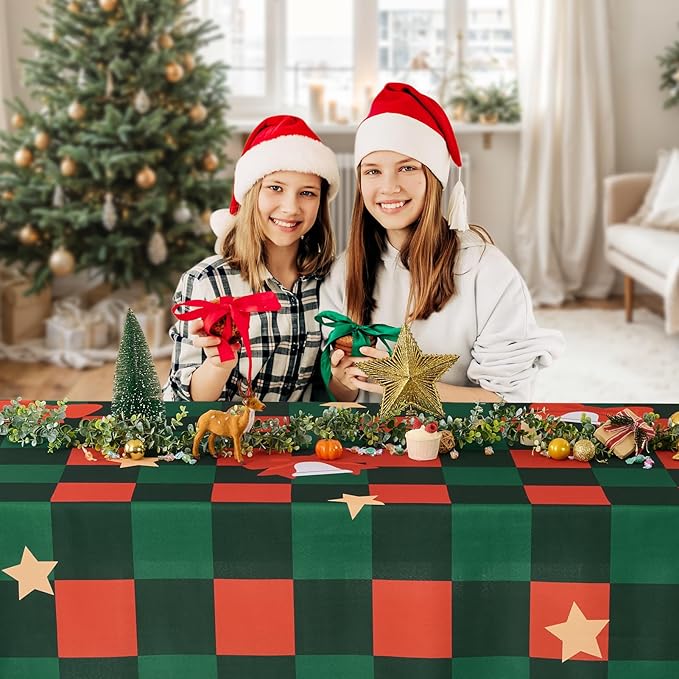 Christmas Tablecloth Rectangular 60x102 Inch Waterproof Table Cloth for 6ft, Washable Polyester Table Cover for Xmas Party, Winter Holiday Home Decoration in Festive Checkered Star 1pack
