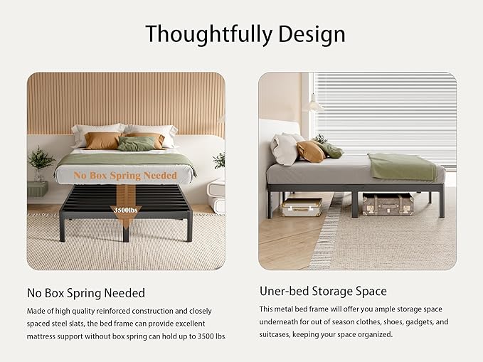Black Queen Bed Frame 12 Inch, Metal Queen Size Bed Frame No Box Spring Needed, DIY Headboard Holes, Heavy Duty Steel Support 3500 LBS, Noiseless, Round Corner Leg, Storage Space, Easy Assembly