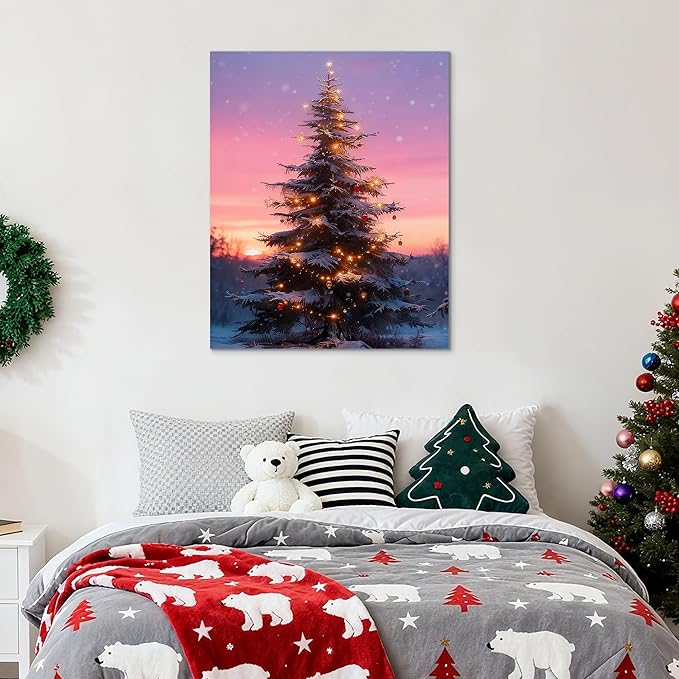 Framed Christmas Pictures Wall Decor,Vintage Pine Tree Prints,Winter Christmas Canvas Wall Art Decoration for Bedroom Bathroom Living Room Rustic Xmas Holiday Gifts (Christmas Tree 10, 16'' X 20'')