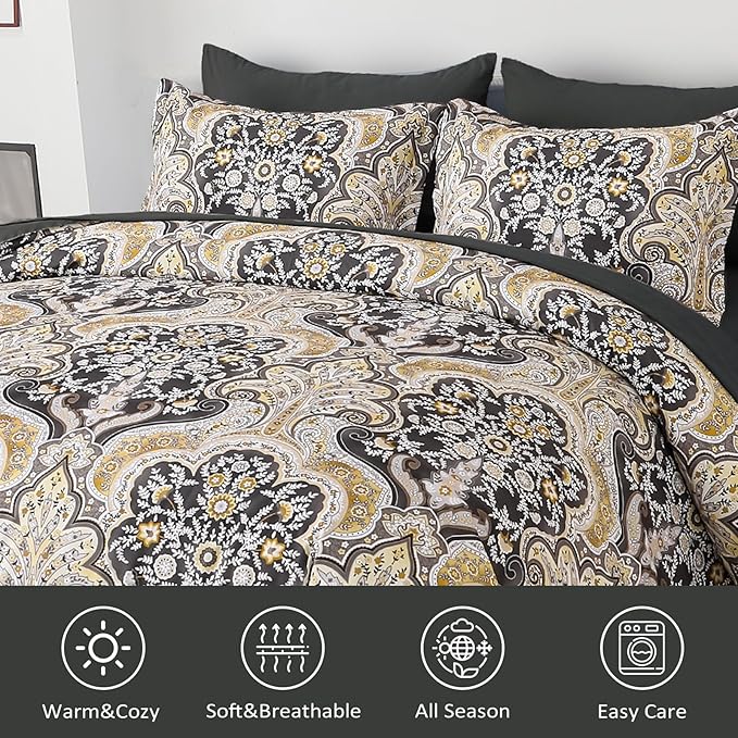 Drucon Boho Paisley Comforter Set King Size, 7 Pieces Bed in a Bag Black Gold Comforter Set, Soft Lightweight Bedding Set (1 Comforter, 1 Flat Sheet, 1 Fitted Sheet, 2 Pillow Shams, 2 Pillowcases)