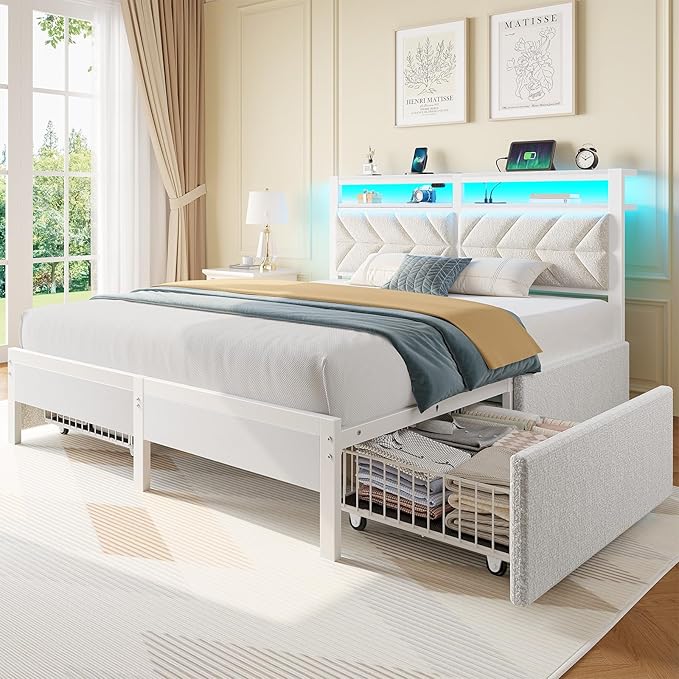 Seventable Queen Bed Frame with 4 Storage Drawers, Charging Station & LED Lights, Upholstered Headboard with 2-Tier Shelves, Metal Platform Bed, No Box Spring Needed, Noise-Free, White