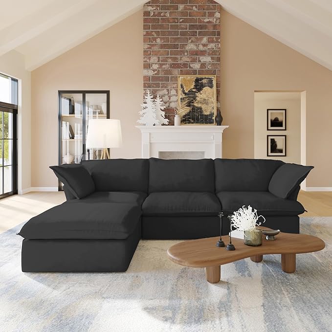 WJShome 122.82" Cloud Modular Sectional Sofa, L Shaped Couch Filled with Down, Minimalist Wide Deep Seat Couches for Living Room Apartment Lounge Bedroom (Black, 3 Seater+1 Ottoman)