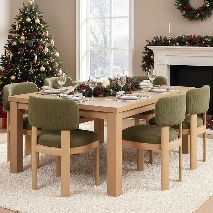 Green Upholstered Dining Chairs Set of 6 Chenille Fabric Dining Room Chairs Modern Barrel Kitchen Chairs with Curved Backrest and Wooden Legs