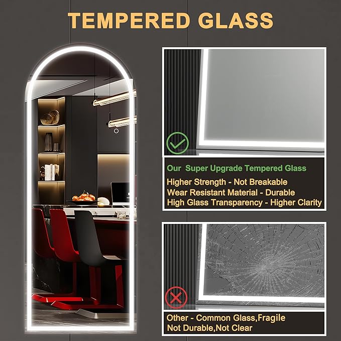 Hasipu 71" x 24" Led Mirror Full Length, Arch Mirror Full Length with Lights, Floor Full Body Glass with Stand,Tempered Glass,Shatter-Proof, Dimming & 3 Color for Bedroom Cloakroom-UL