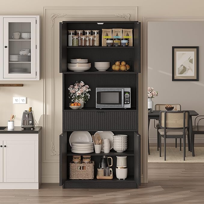 IDEALHOUSE Tall Storage Cabinet, 70" Kitchen Pantry Cabinet with Doors, Fluted Kitchen Hutch Cupboard with Microwave Shelf & Drawer, Freestanding Cupboard for Dining Room, Living Room, Black