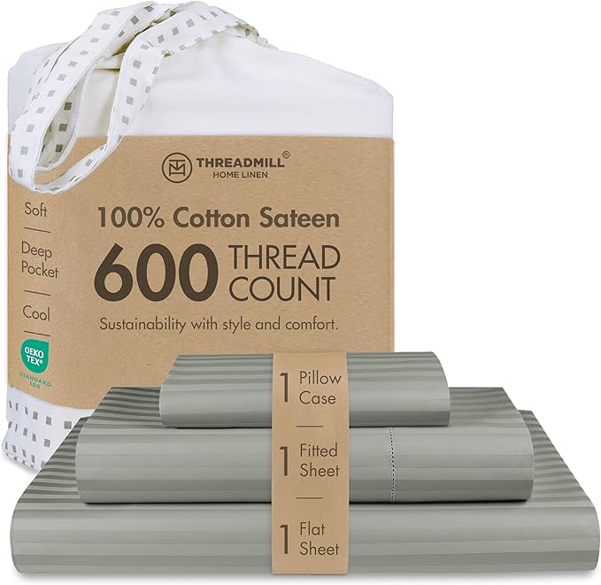 Threadmill 100% Cotton Sheets for Twin XL Size Bed - 600 Thread Count Twin XL Bed Sheets Set with 15” Deep Pocket - Damask Stripe Sateen Weave 3-Piece Bedding Set with Cooling Effect, Moonrock Grey