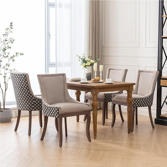 Farmhouse Dining Chairs Set of 4, Upholstered Fabric Dining Room Accent Chairs with Wood Legs & Bronze Nailhead, High Wingback Kitchen Chairs for Living Room Hotel Apartment, Beige Patterned
