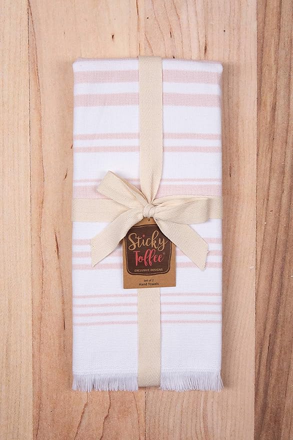 Sticky Toffee Hand Towels for Bathroom Set of 2 – 28x16 in White and Blush Pink Striped Turkish Towels, Soft and Absorbent Decorative 100% Cotton Bath Towels
